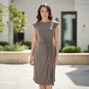 Connected Apparel Taupe Ruched Sheath Dress Floral Detail Stretch Size 10